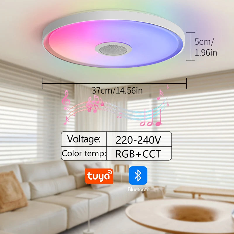 Showlu Smart RGB LED ceiling light with Bluetooth speaker and remote control, featuring colorful lighting and modern design.