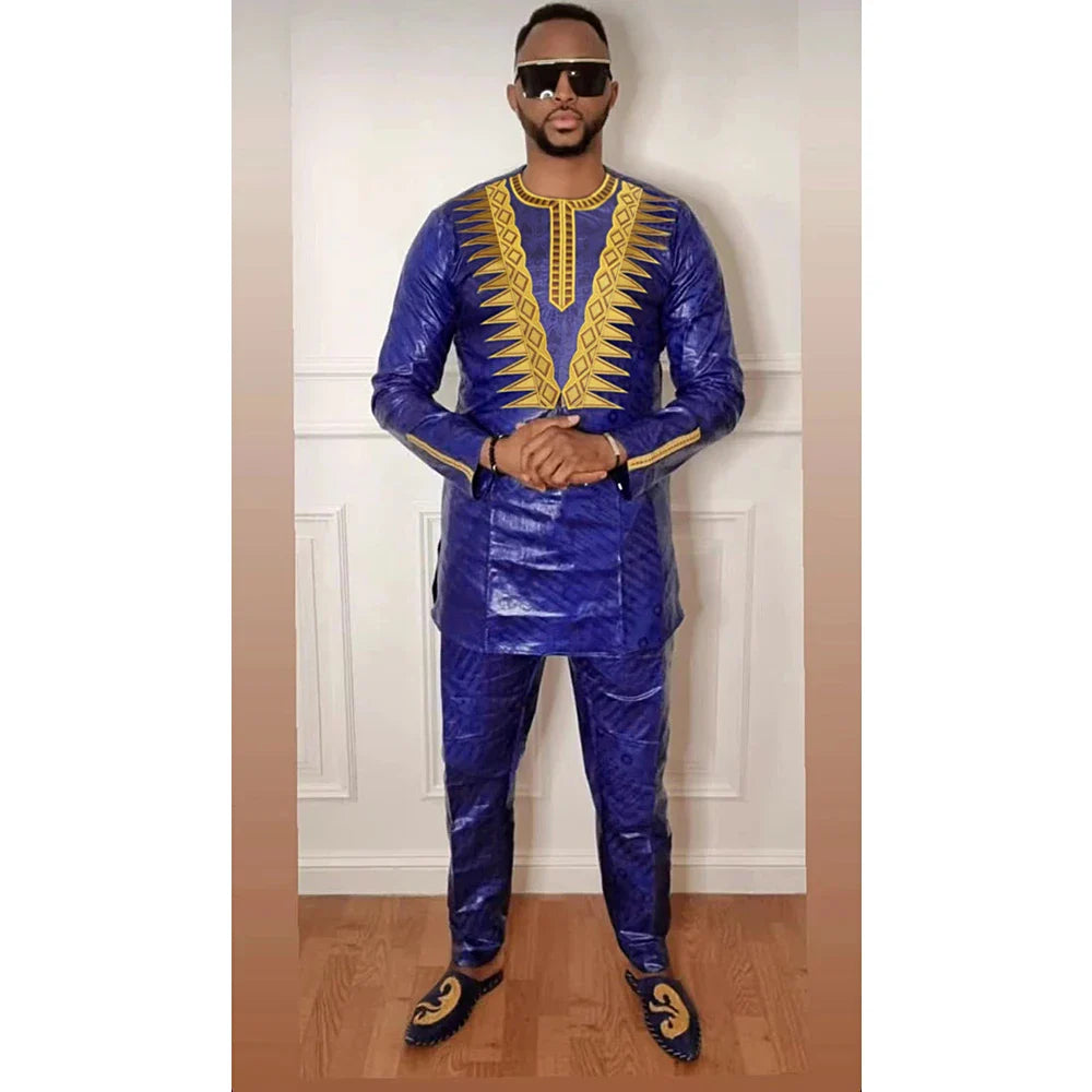 H&D Men's African Dashiki 2-piece set with cotton embroidery Bazin suit, featuring colorful traditional African design.