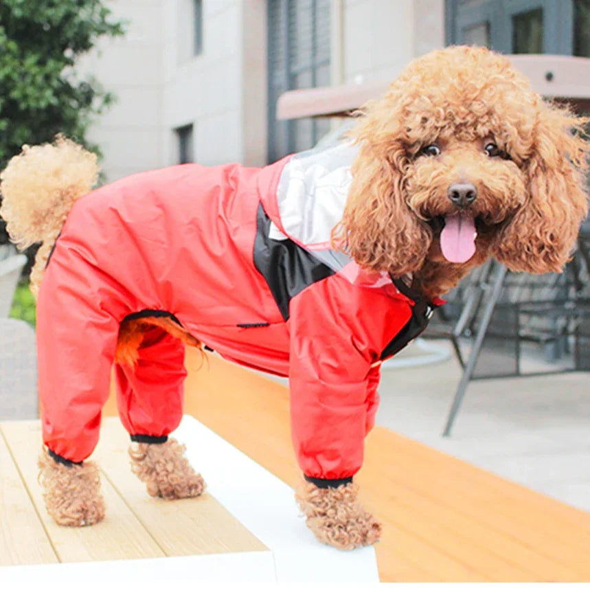 Transparent hooded waterproof dog raincoat by Showlu Fashion Store, made of polyester with a clear hood and jumpsuit design.
