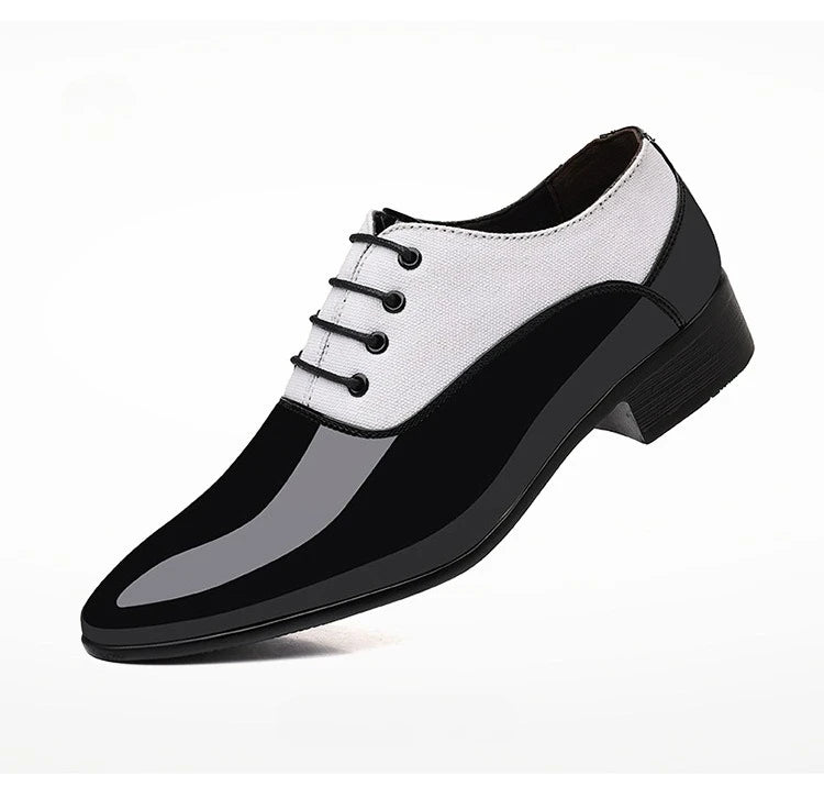 Black patent leather Oxford shoes for men by Showlu Fashion Store, formal dress shoes with sleek, polished design.