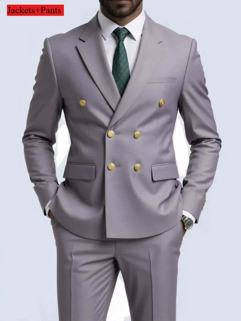 Black slim fit men's double-breasted suit with gold buttons, perfect for weddings, parties, and formal occasions.