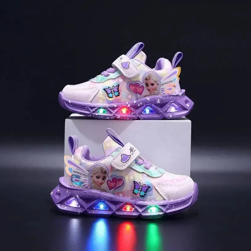 Pink PU leather Disney Frozen Elsa girls LED lighted sneakers with character designs, ideal for children's footwear.