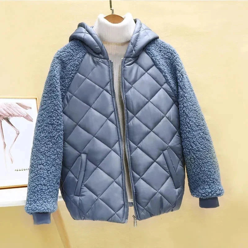 Women's hooded light down cotton jacket with patchwork design, short length, stylish and warm outerwear by SHOWLU FASHION STORE.