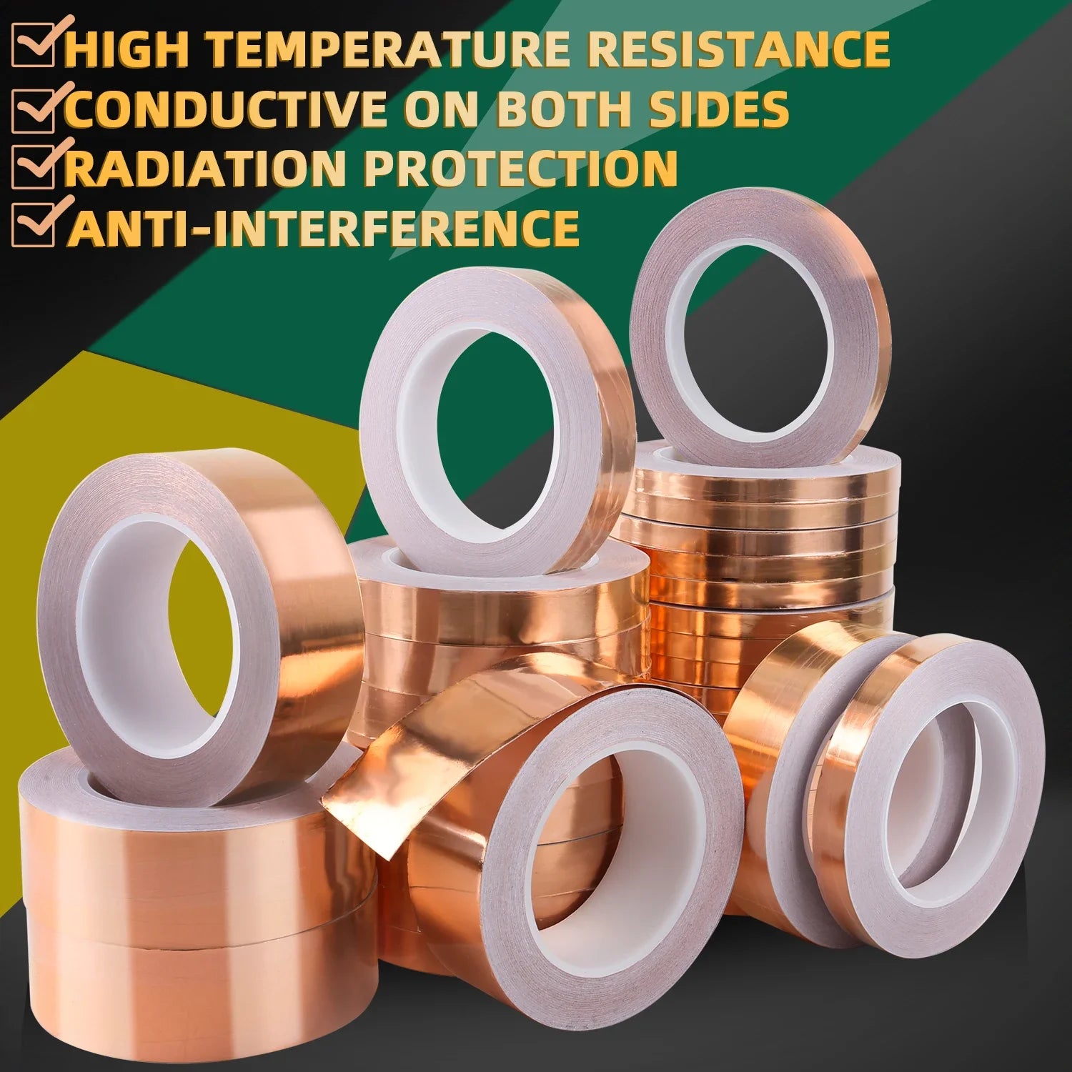 20m double-sided conductive copper foil tape with adhesive, heat shield, EMI and anti-static protection, 0.05mm thick.