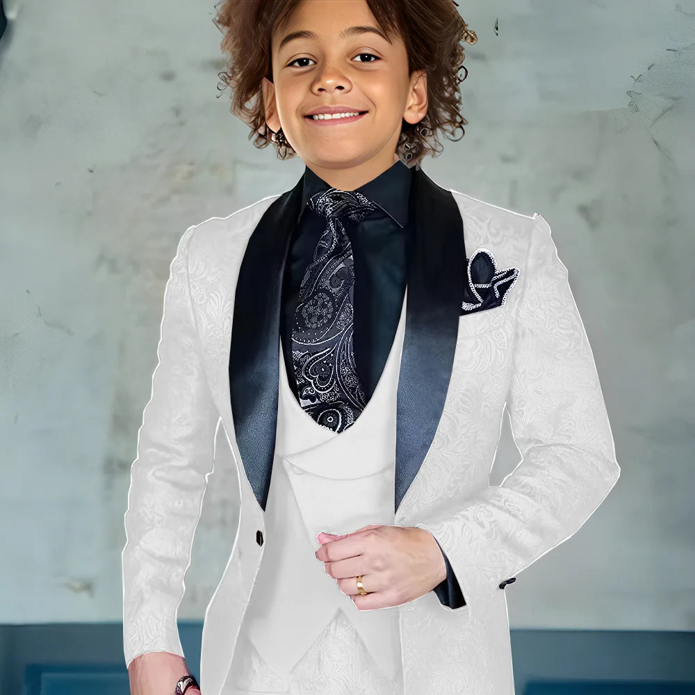 Burgundy jacquard boys' 3-piece suit with jacket, pants, and vest for formal occasions, slim fit style, by Showlu Fashion Store