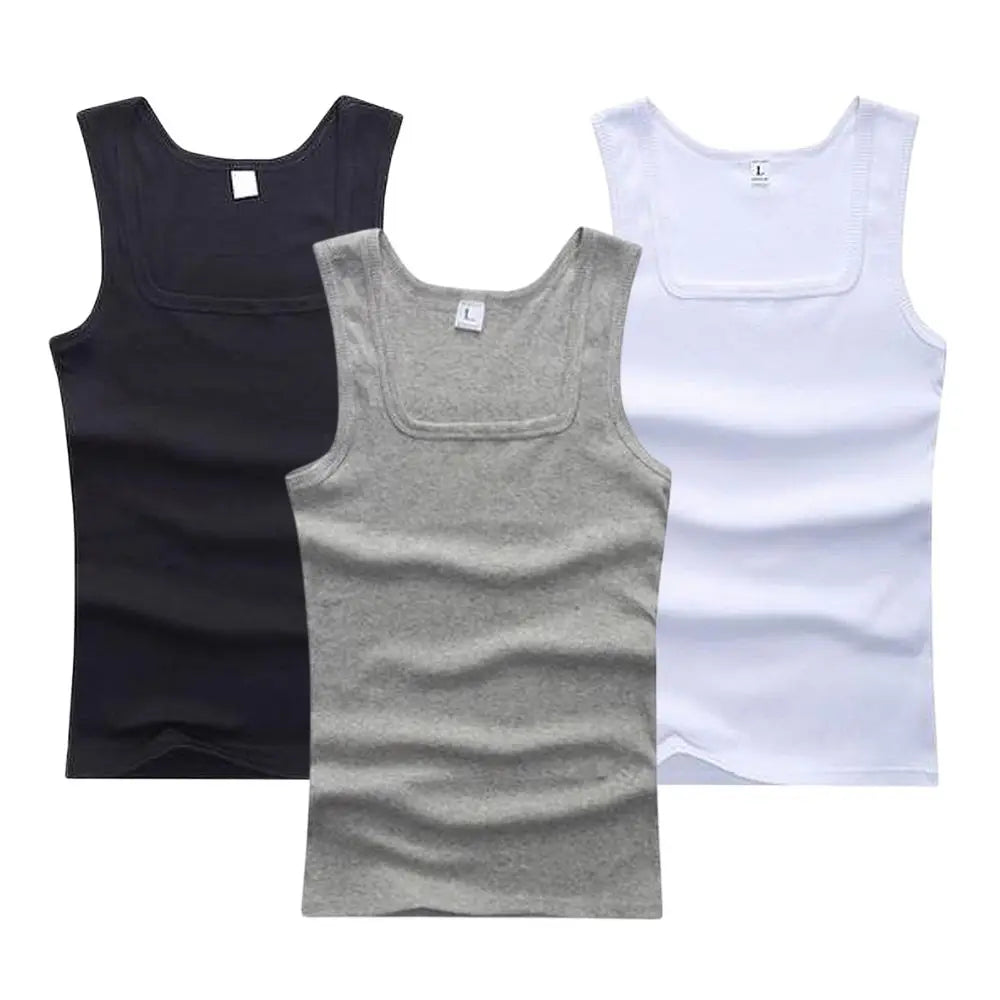 Basic elastic cotton sleeveless men's tank top, ideal for summer fitness and bodybuilding, shown in white.