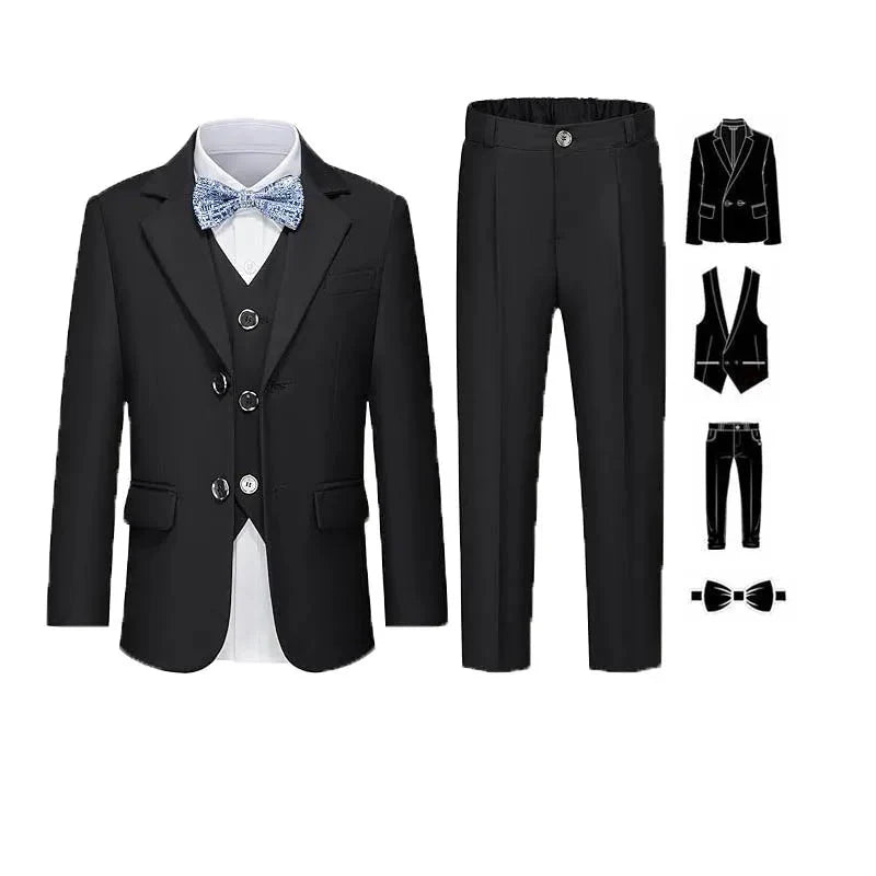Pink boys' formal suit with jacket, vest, pants, and bowtie from LUOBOBEIBEICN, stylish for special occasions.