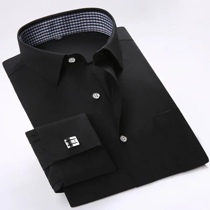 White men's dress shirt with French cuffs and buttons, slim fit long sleeve tuxedo shirt for formal occasions.