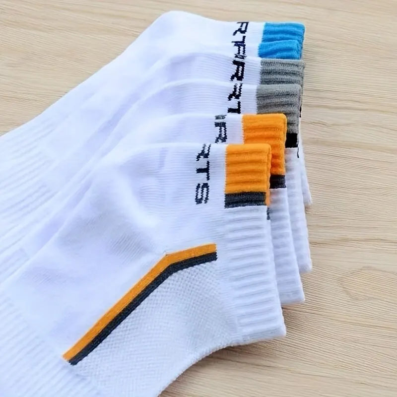 Men's striped cotton sports ankle socks with breathable, sweat-absorbing fabric, available in 3, 5, or 10 pairs for comfort and style.