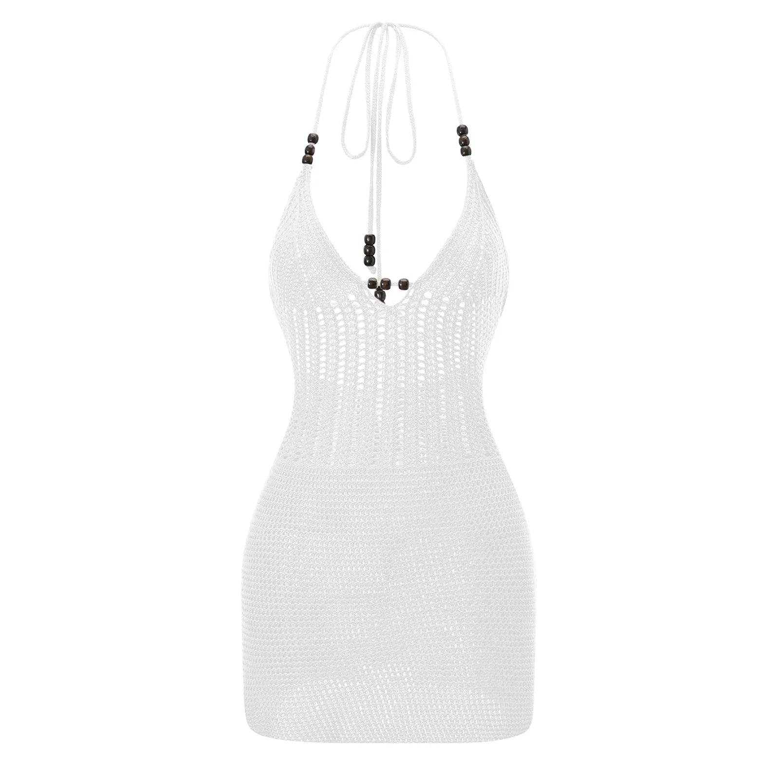 Showlu Fashion Women's backless halter mini dress with crochet knit design, perfect for summer beach, party, or streetwear.