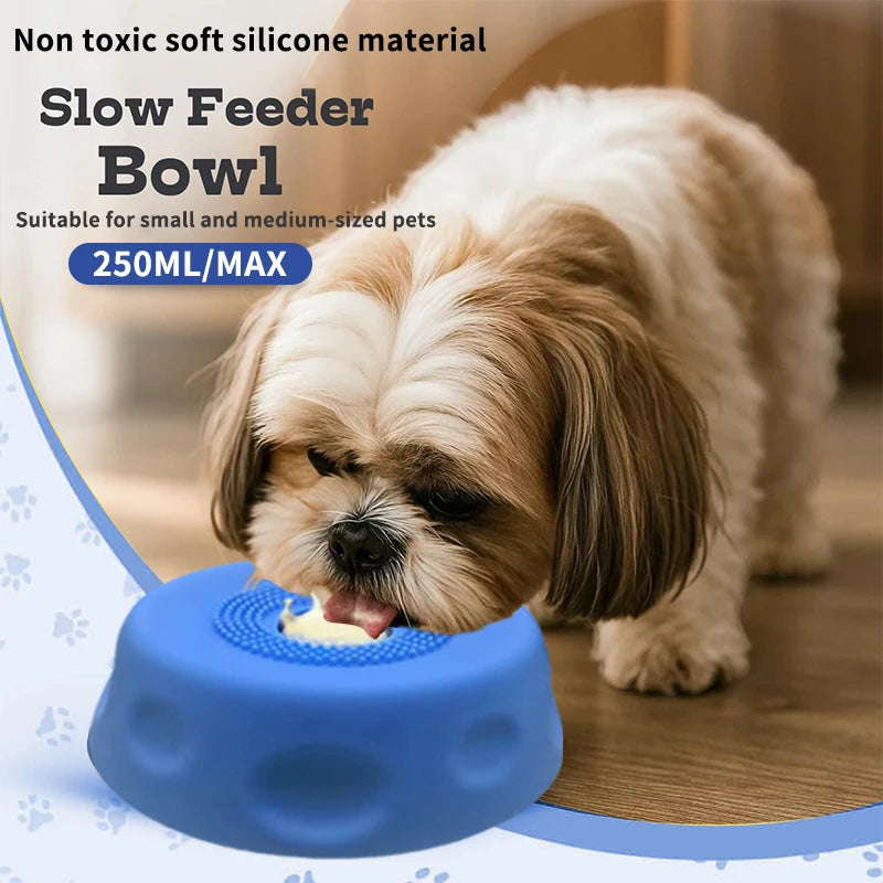 Slow feeder dog bowl with ball-in design, bone broth licking bowl, anti-slip surface for pets, ideal for liquid treats and entertainment.