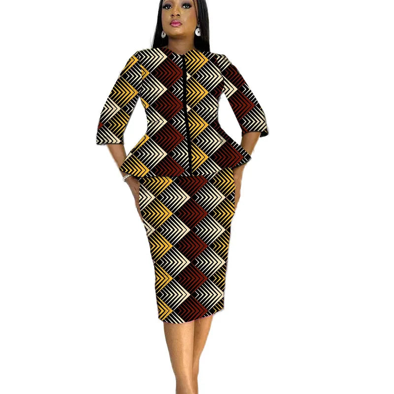 African print women's party outfit featuring a tailor-made blouse and skirt set with vibrant, traditional patterns.