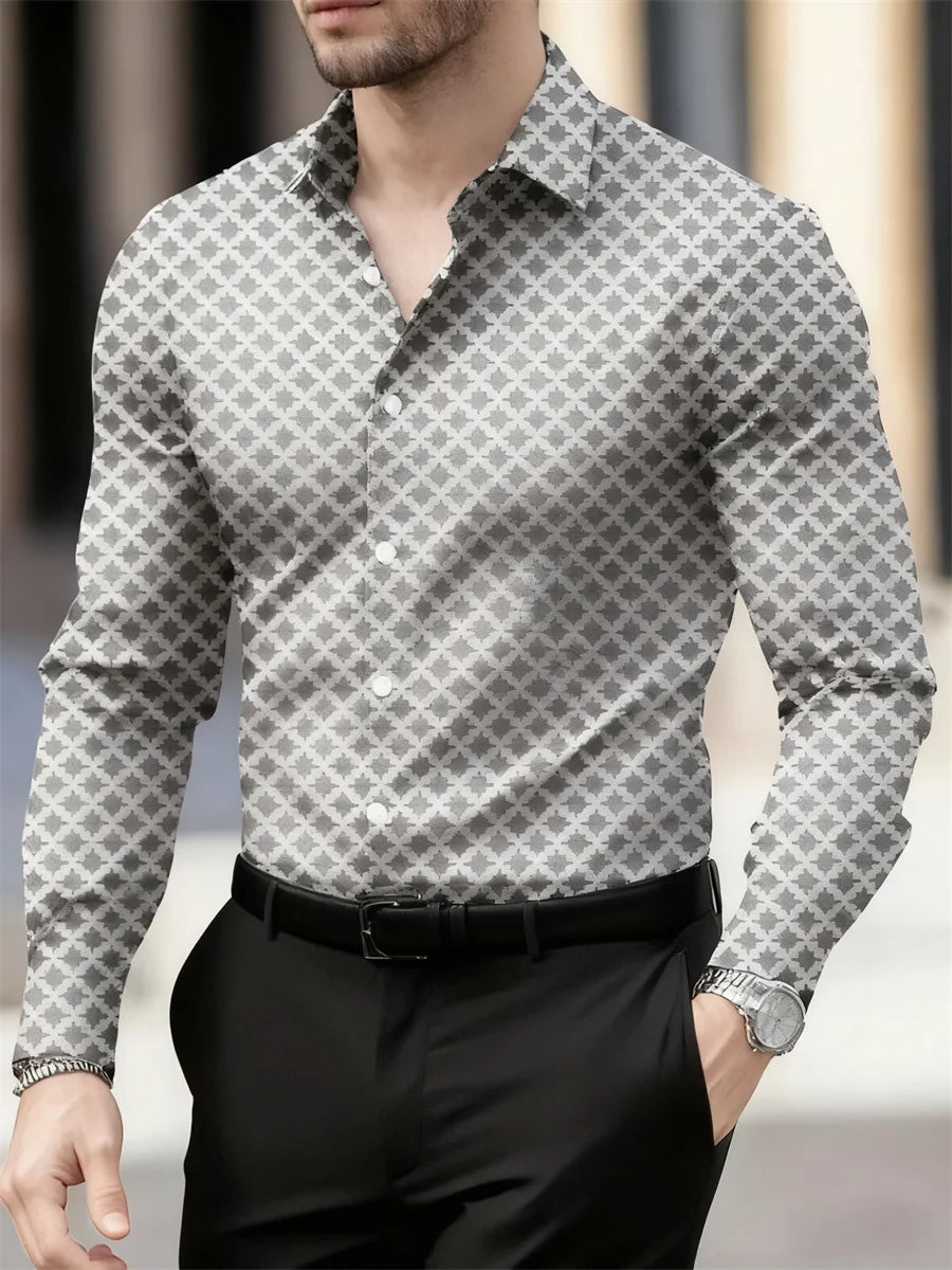 Men's long sleeve plaid pattern shirt with geometric design in 14 colors, breathable casual and business top, Showlu Fashion Store