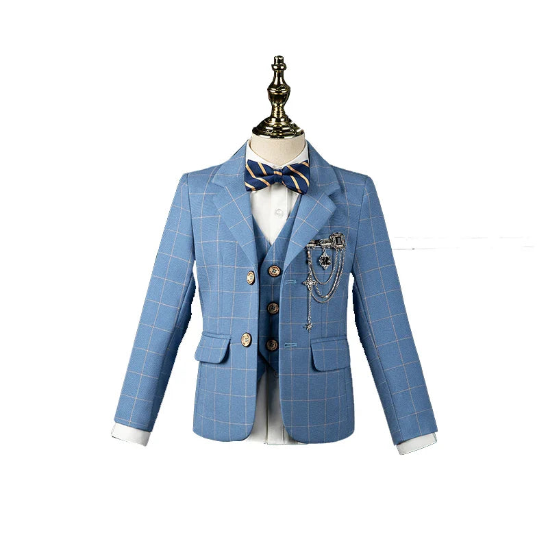 PsyMonster boys' 4-piece plaid wedding suit set includes tuxedo blazer, shirt, pants, and bow tie for kids formal wear.