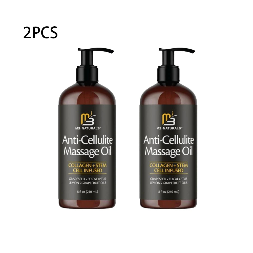 M3 Naturals anti-cellulite massage oil with collagen and stem cell in a 240ml bottle, showing the oil and packaging.