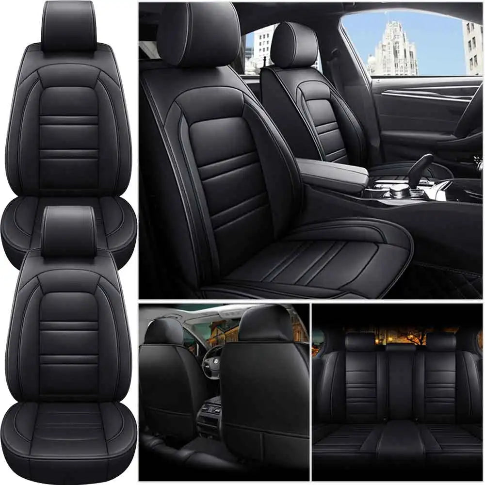 Showlu Universal 5-Seat PU leather car seat covers set, full protection, featuring sleek black leather upholstery for all vehicle seats