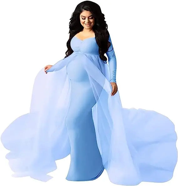Deep V-neck lace maternity dress by Showlu Fashion with tulle fabric, long sleeves, feather details, and hollow horn design.