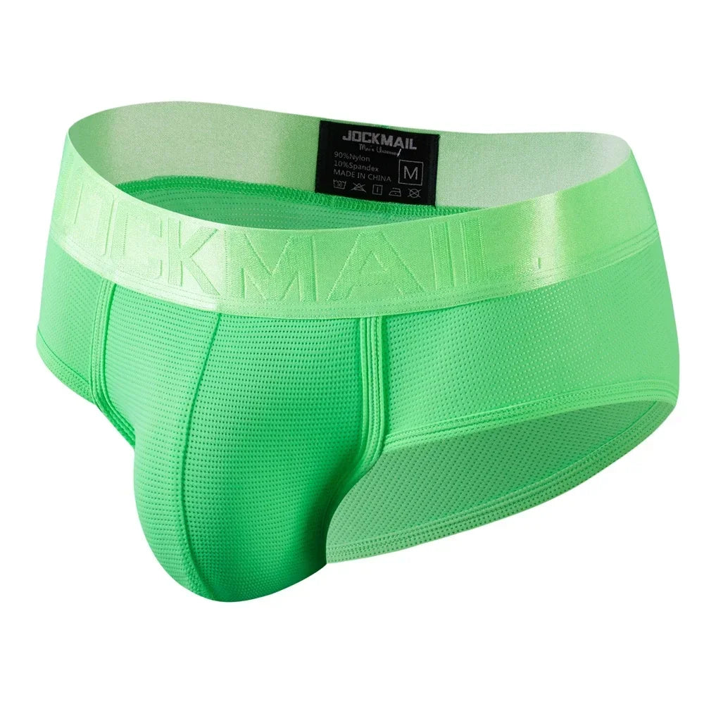 Men's nylon mesh briefs by JOCKMAIL, quick-drying solid color underwear with breathable mesh fabric for comfort.