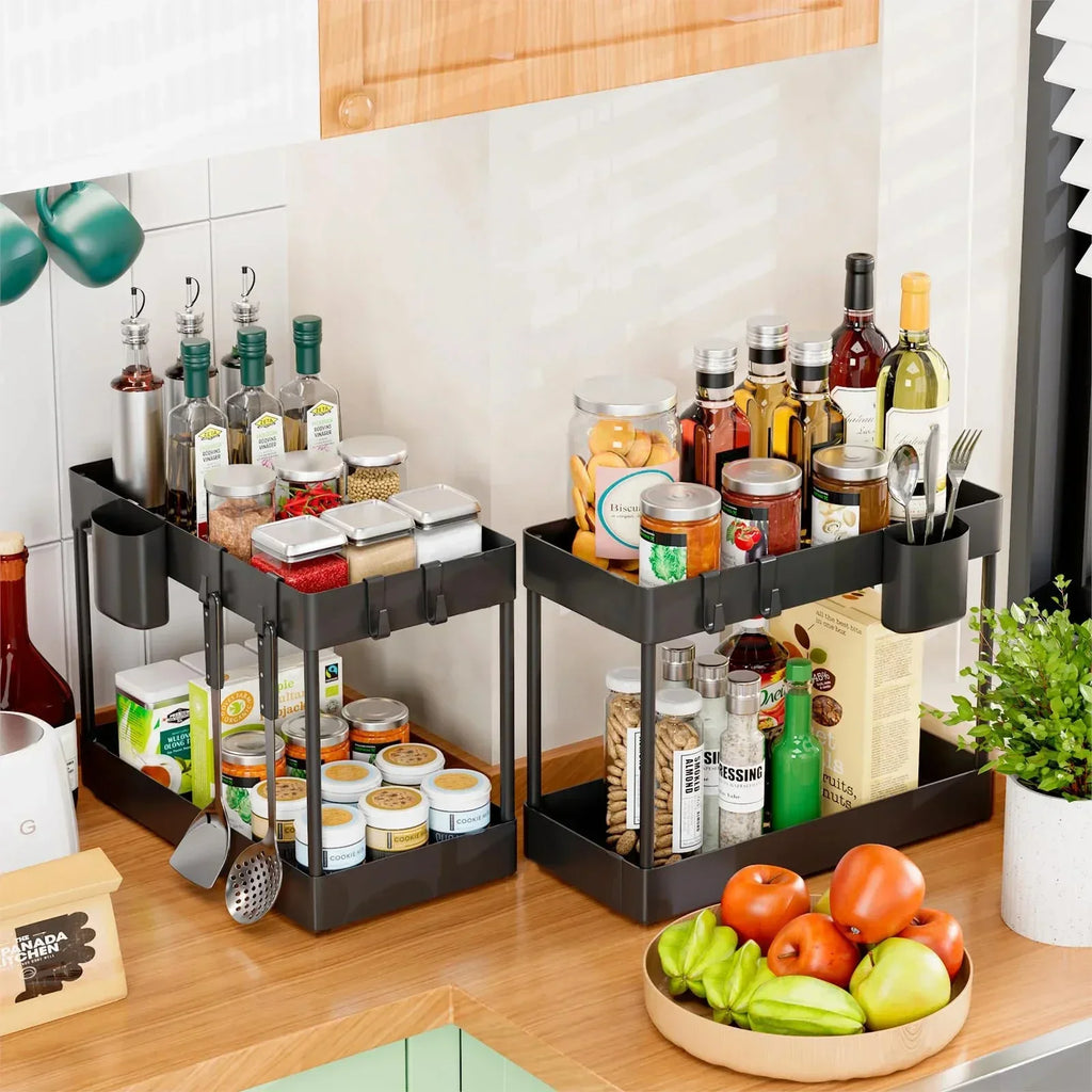 Showlu Smart General under sink organizer rack with multiple compartments for efficient bathroom or kitchen storage.