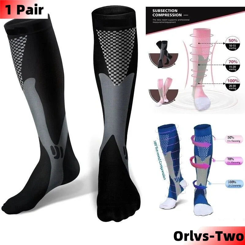 Showlu men's knee-high compression golf socks made of nylon, designed for comfort and support during sports and outdoor activities.