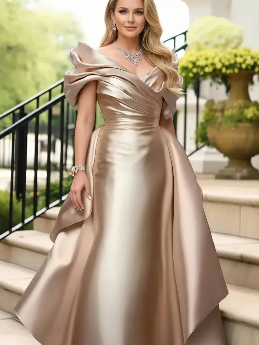 Plus size satin evening dress for women with off-shoulder puff sleeves, solid color, elegant maxi style for cocktail or wedding events
