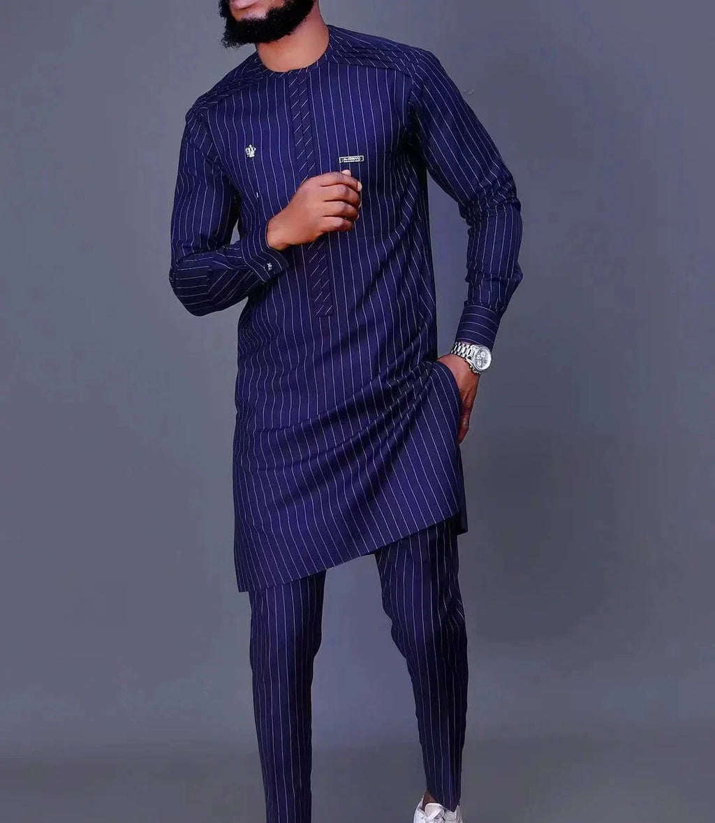 SHOWLU FASHION men's striped two-piece suit with formal cotton blend fabric, featuring a blazer and matching trousers.