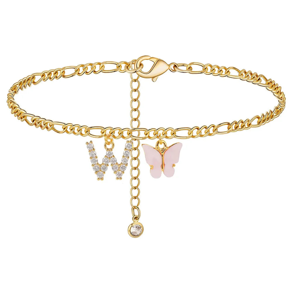 Stainless steel initial A-Z letter anklet featuring butterfly design, waterproof jewelry for women and girls, trendy leg chain accessory