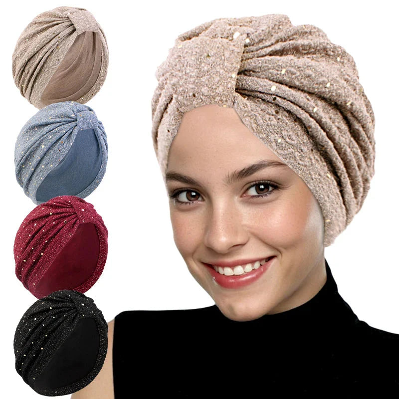 Sequin knotted turban hijab for women by SHOWLU FASHION STORE, stylish chemo cap beanie with shimmering sequins and knot detail.