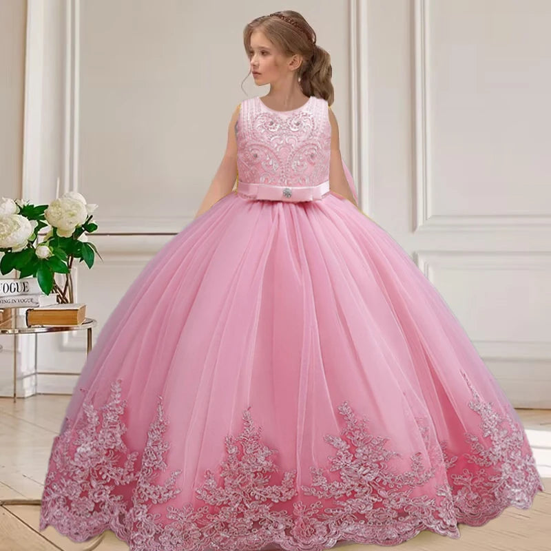 Elegant girl birthday party dress for ages 4-12, sheer long princess gown in summer style by Showlu Fashion Store.