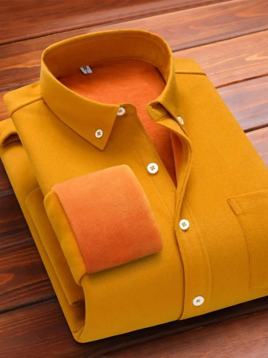 Men's winter corduroy thermal top with collar, loose fit, in a solid color, designed for warmth and casual style.