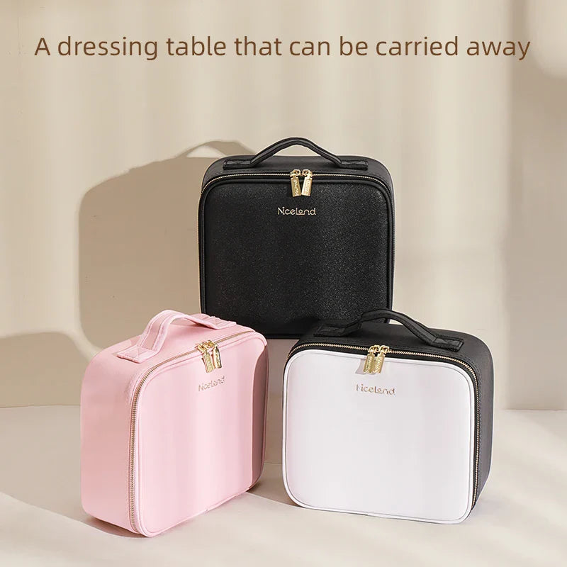 Showlu makeup travel train case with LED mirror, PU leather cosmetic bag for organizing beauty essentials on the go