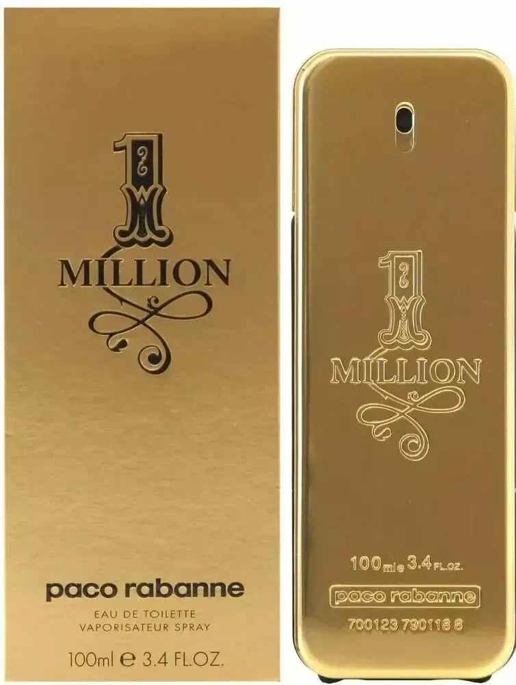 Paco Rabanne 1 Million men's Eau De Toilette 3.4 oz bottle with gold accents, sleek and luxurious fragrance design