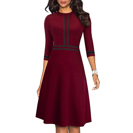 Holiday Dress 2024 Women Fashion Solid O-Neck Half Sleeve Dress Stripe Splice Zipper Mini Dress Elastic Waistband Dress платье