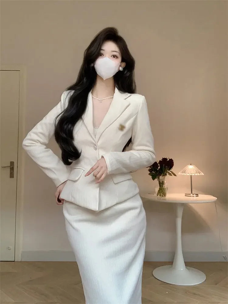 UNXX Autumn/winter Fragrance Style Short Waist Suit Jacket Hip Overskirt  Retro Single-breasted Coat Skirt Two-piece Set Woman's