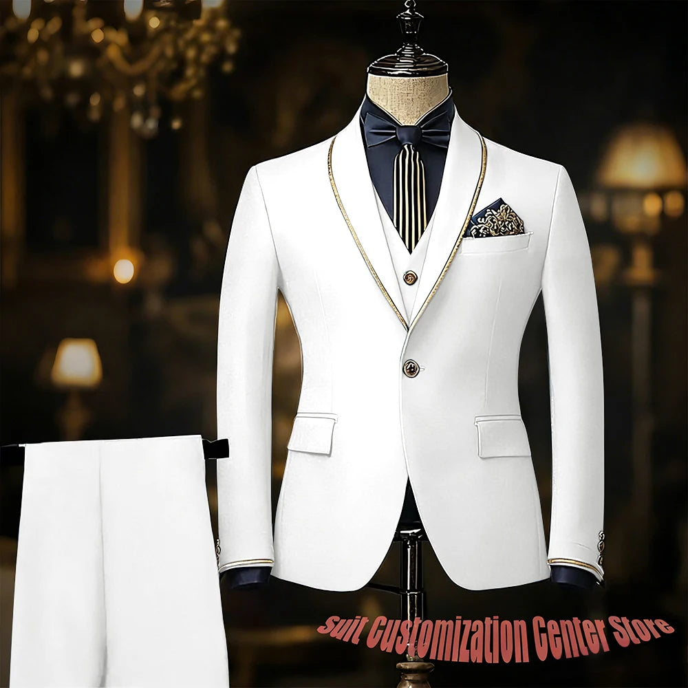 Navy blue men's wedding tuxedo suit with jacket, vest, and pants featuring slim fit, single-breasted design, shawl lapel, formal attire
