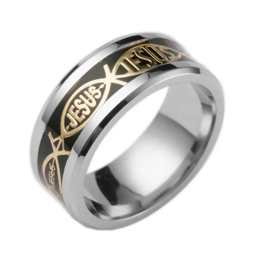 Showlu Jesus Cross ring made of 316L stainless steel, featuring a religious Jesus design on a sleek jewelry band.