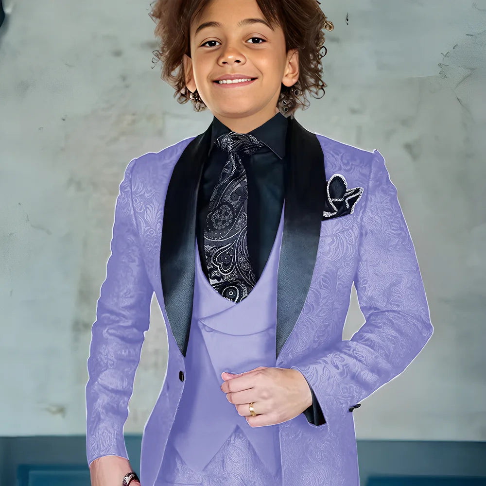 Burgundy jacquard boys' 3-piece suit with jacket, pants, and vest, perfect for formal occasions and weddings, slim fit style.