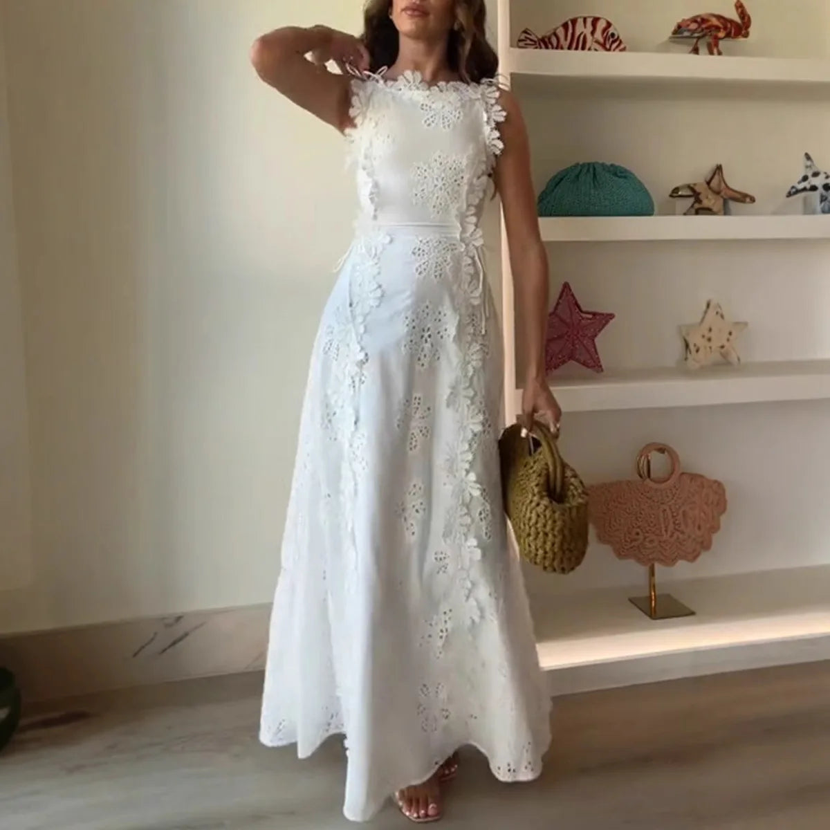 Women's lace embroidery A-line dress by SHOWLU FASHION STORE, slim fit summer mid-calf dress with elegant embroidery detail