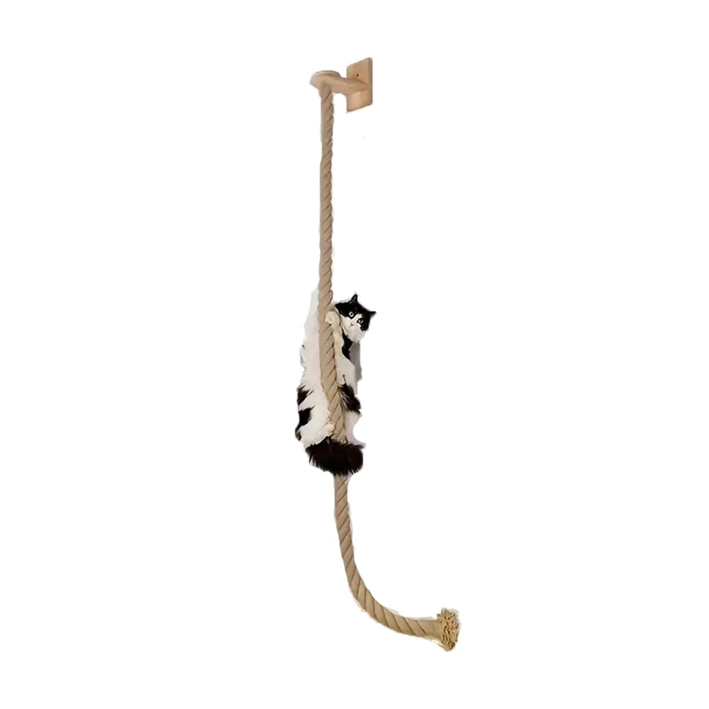 Wall-mounted cat climbing rope and sisal scratching post by Showlu Fashion, featuring wooden design and durable sisal surface.
