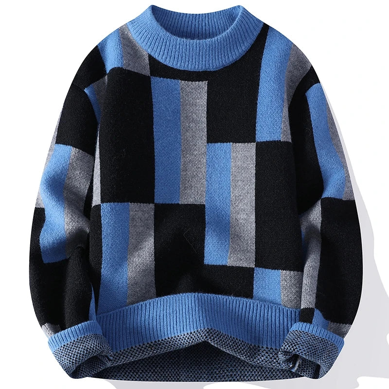 Youthful plaid knit sweater with mock neck for men and women, casual loose fit, warm, suitable for autumn and winter fashion.