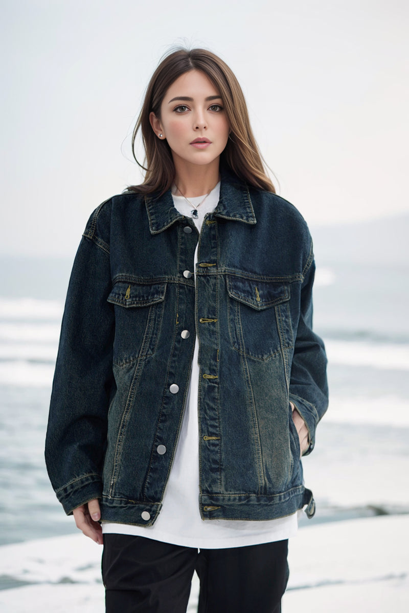 Vintage denim cowboy jacket with loose fit, cotton fabric, polo collar, streetwear style from SHOWLU FASHION STORE.