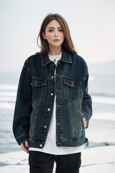 Vintage Denim Cowboy Jacket – Loose Fit Cotton Polo Collar Streetwear