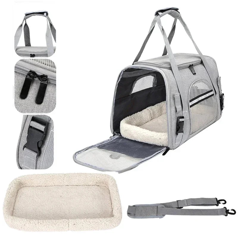 Showlu Breathable dog carrier backpack with cushion for travel, featuring mesh sides and adjustable straps for comfort and convenience.