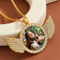 Showlu Custom Angel Wing Photo Necklace with zinc alloy memory pendant featuring detailed angel wing design and personalized photo space.