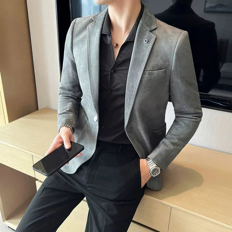 SHOWLU Men's slim fit deerskin velvet blazer, luxury smart casual coat, tailored fit with refined detailing for stylish occasions.