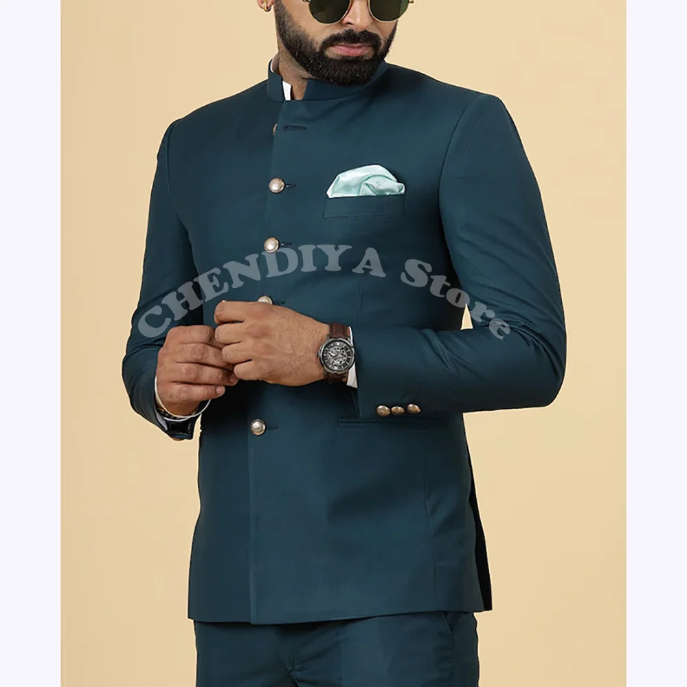Solid green men's suit jacket and pants set with stand collar, slim fit, single-breasted design for office and formal occasions.