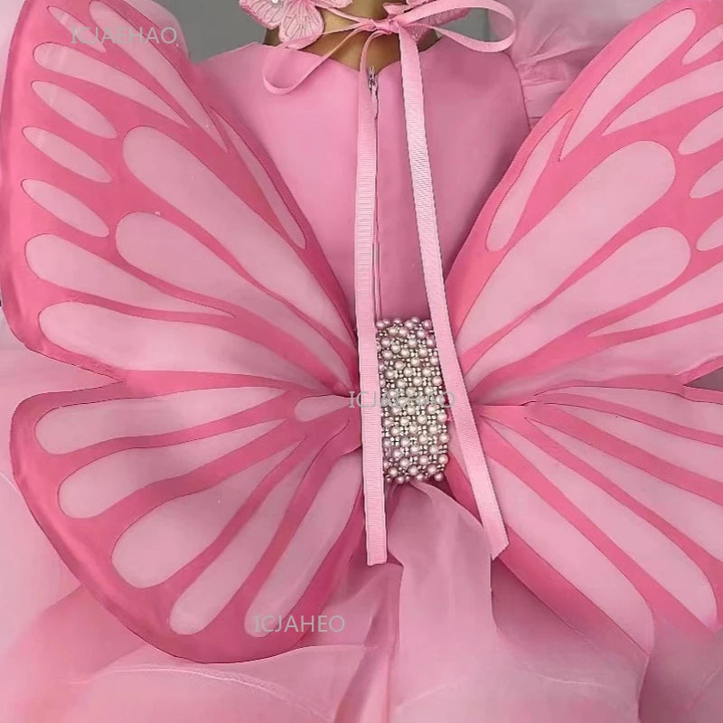 Party Dress with Wings Cute Tutu Fairy Costume Pink Children Girls Short Kids First Birthday Celebration Princess Pageant Gown