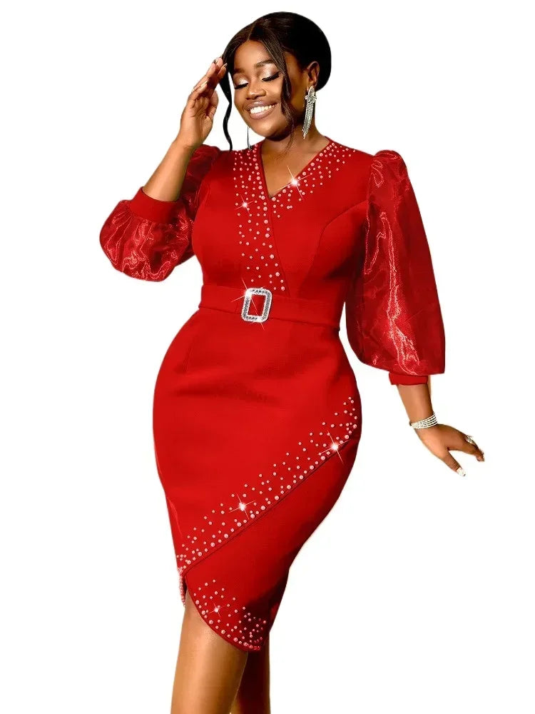 Elegant red evening dress with V-neck, bead belt, mesh lantern sleeves, perfect for parties, weddings, or formal events.