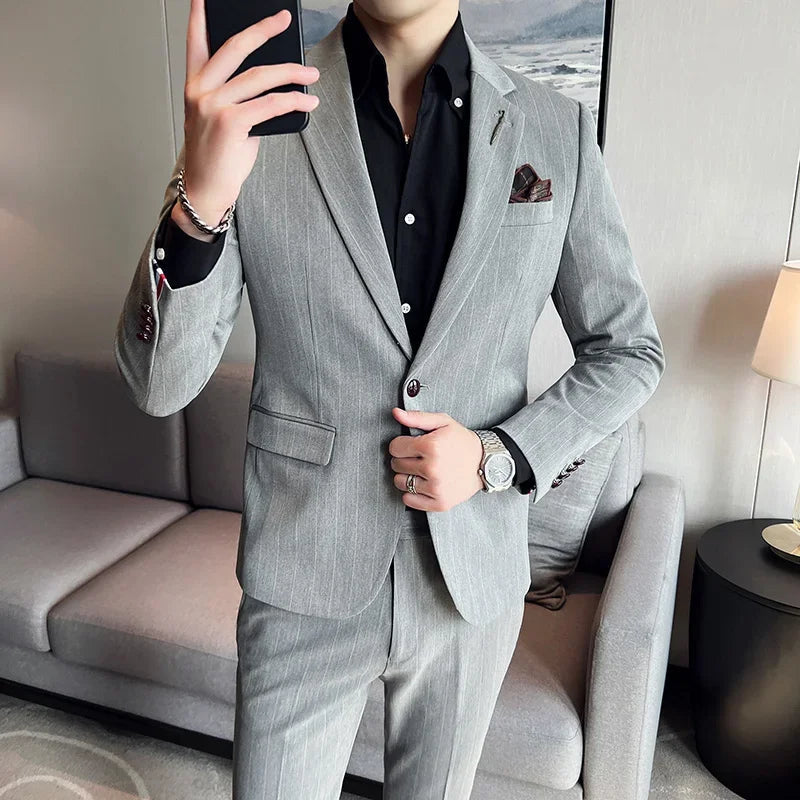 ( Blazer + Pants ) High-end Brand Formal Business Plaid Mens Suit Groom Wedding Dress Solid Color Stage Performance Tuxedo S-7XL SHOWLU FASHION STORE