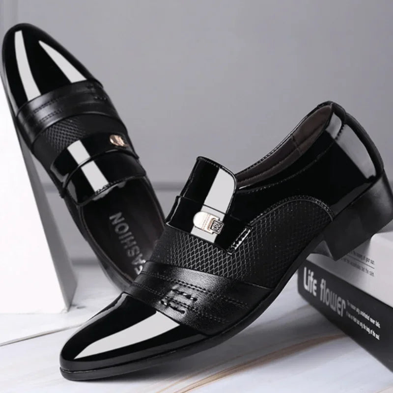 Men's black leather Oxford shoes by Showlu Fashion Store, classic slip-on formal loafers for business and dress occasions.